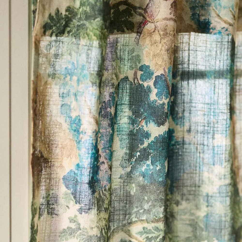 Judarn Printed Cotton Cafe Curtains, Set of 2 - 25" Wx36 L", Taupe/Blue Pattern - Picture 2 of 4